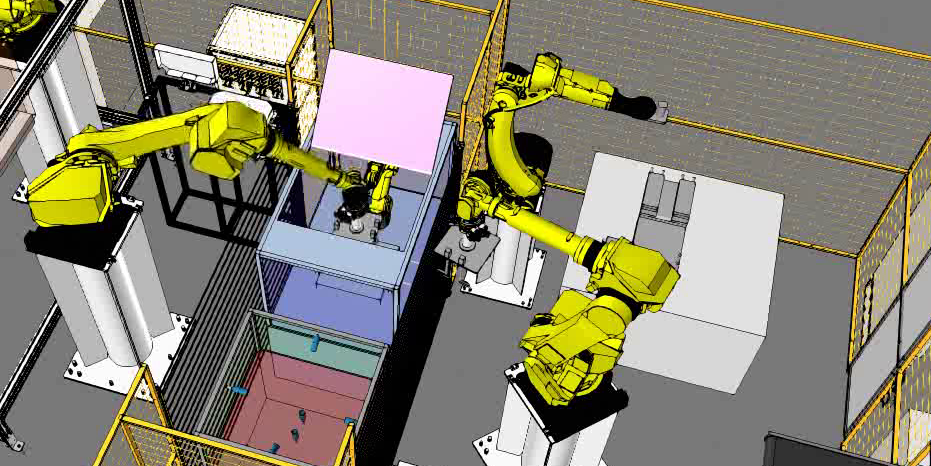 ロボット自動化設備のレイアウト設計例。複数の産業用ロボットと周辺設備を配置した自動化システムの3D設計イメージ