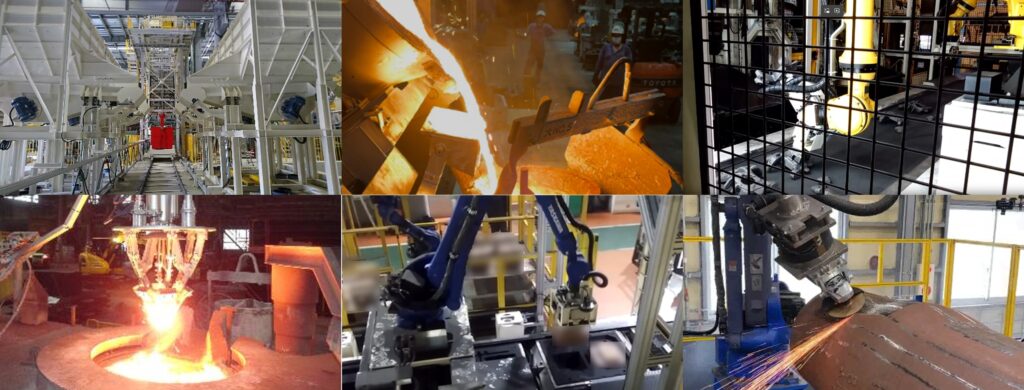 三明機工の鋳造工程における自動化ソリューション(材料供給、ノロ取り、溶湯搬送・注湯、中子ハンドリング、粗材搬送・取込、加工・仕上げ)