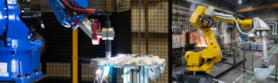 アルミ鋳造工程向けのプラズマ切断ロボットと注湯ロボットシステム
